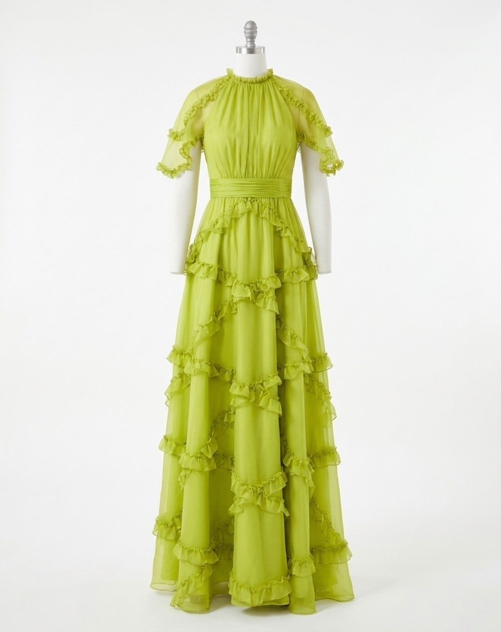 NEW MAC DUGGAL chiffon cascading ruffle flutter sleeve gown in apple green